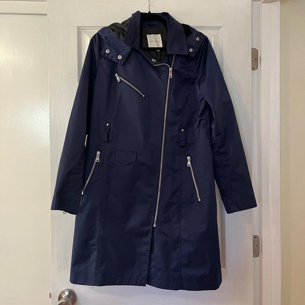 Avec Les Filles Navy Trench Coat Zipper Accents Chic Unique Stylish - Picture 3 of 6